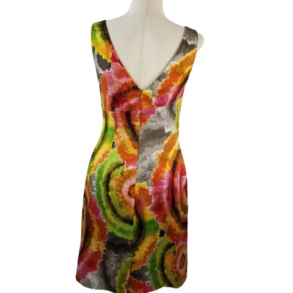 Kay Unger Yellow Green Red Pink Abstract Silk Ruched Waist Lined Dress Size 4 - Picture 3 of 6